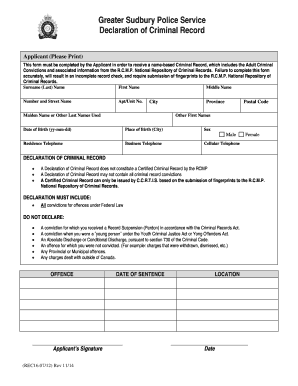 Greater Sudbury Police Service Criminal Record Declaration