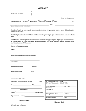 Hawaii Affidavit for Civil Identification Card