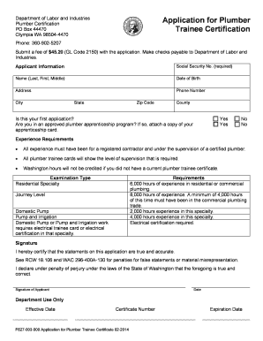 Washington Plumber Trainee Certification Application