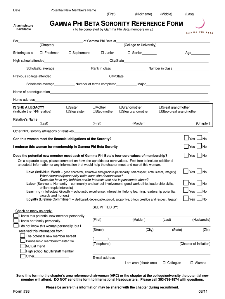 gamma phi beta recommendation form Preview on Page 1.
