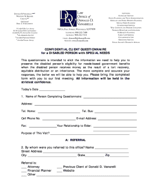 Confidential Client Questionnaire for Disabled Person