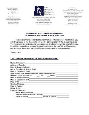 Confidential Client Questionnaire for Probate and Estate Administration