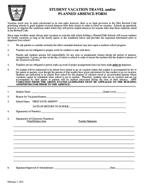 Student Vacation Travel and Planned Absence Form