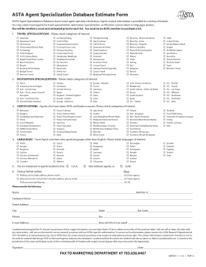 ASTA Agent Specialization Database Estimate Form