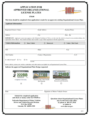 Nebraska Organizational License Plate Application