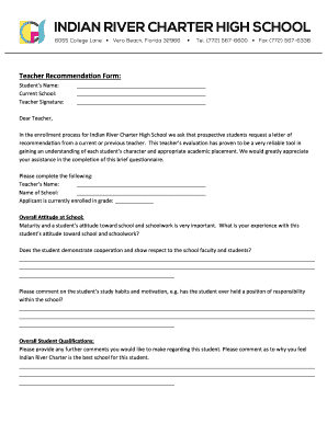 Teacher Recommendation Form - Indian River Charter High School