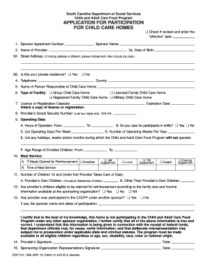South Carolina Child and Adult Care Food Program Application