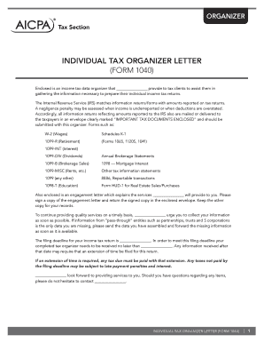 Individual Tax Organizer Letter Form 1040