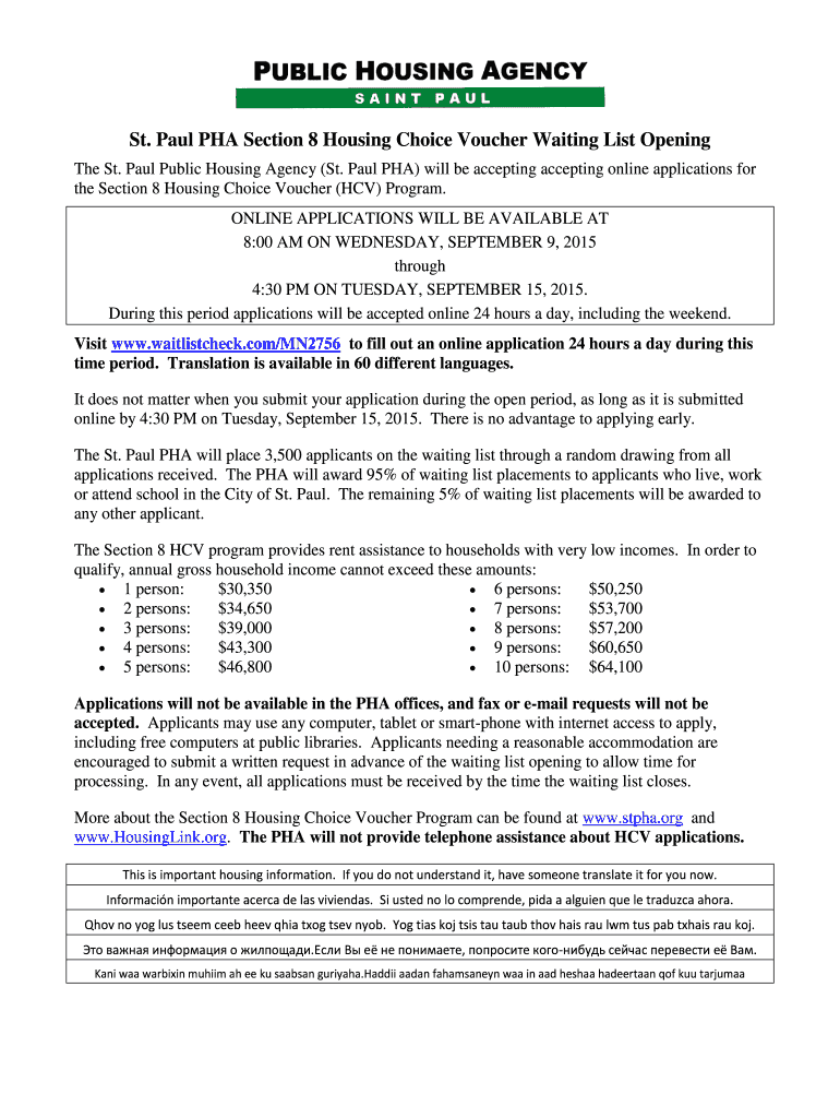 Fillable Online Paul PHA Section 8 Housing Choice Voucher Waiting List