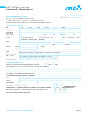 ANZ Credit Card Insurance Disability Benefit Claim Form
