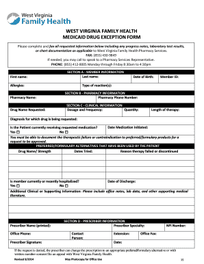 Fillable Online WVFH Drug Exception Form - West Virginia ...