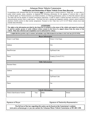 Arkansas Motor Vehicle Event Data Recorder Notification
