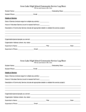 Volunteer hours log sheet pdf - Avon Lake High School Community Service Log Sheet