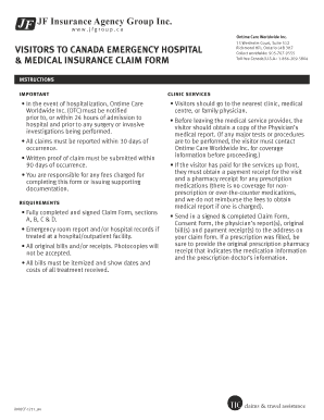 Visitors to Canada Emergency Hospital Medical Insurance Claim Form
