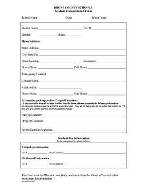 Boone County Schools Student Transportation Form