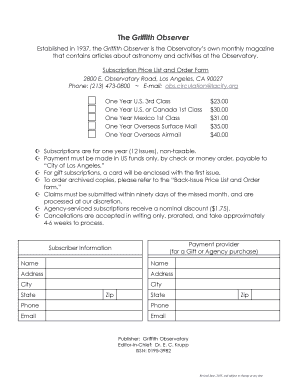 Griffith Observer Subscription Order Form