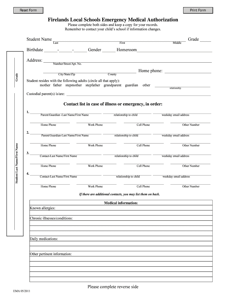 Fillable Online firelandsschools Emergency Medical bFormb Firelands