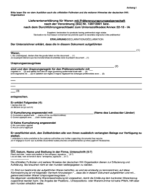 Lieferantenerklärung für Waren mit Präferenzursprungseigenschaft