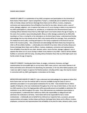 University of Notre Dame Sports Camp Waiver and Consent