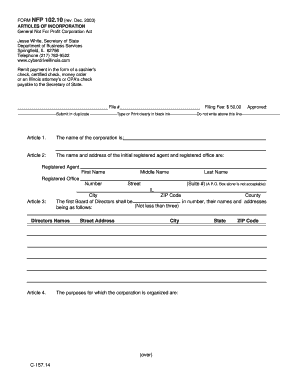 Articles of Incorporation General Not for profit corporation act