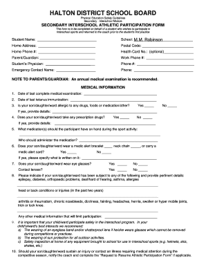Secondary Interschool Athletic Participation Form