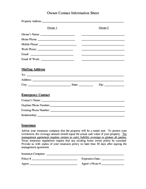 Owner Contact Information Sheet