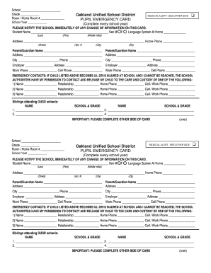 Oakland Unified School District Pupil Emergency Card