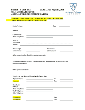 Asthma Inhaler Self-Medication Authorization Form