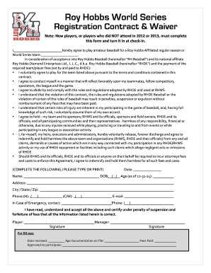 Roy Hobbs Baseball Registration Contract & Waiver
