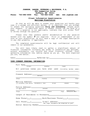 Client Information Questionnaire for Marriage Dissolution