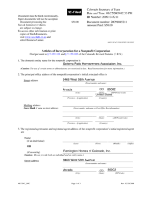 Colorado Nonprofit Articles of Incorporation