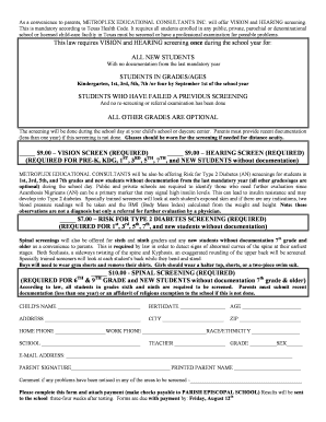 Texas Mandatory Student Health Screening Form