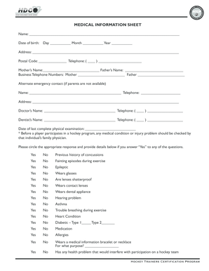 Medical Information Sheet for Hockey Players