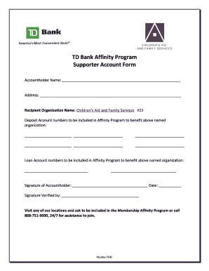 TD Bank Affinity Program Supporter Account Form