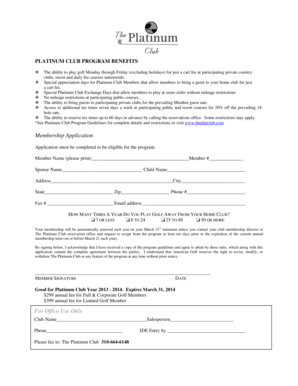 Platinum Club Golf Membership Application