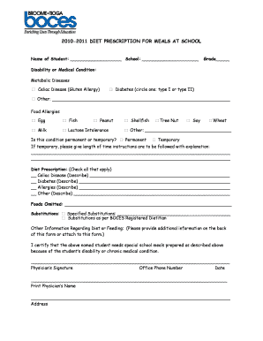School Meal Diet Prescription Form