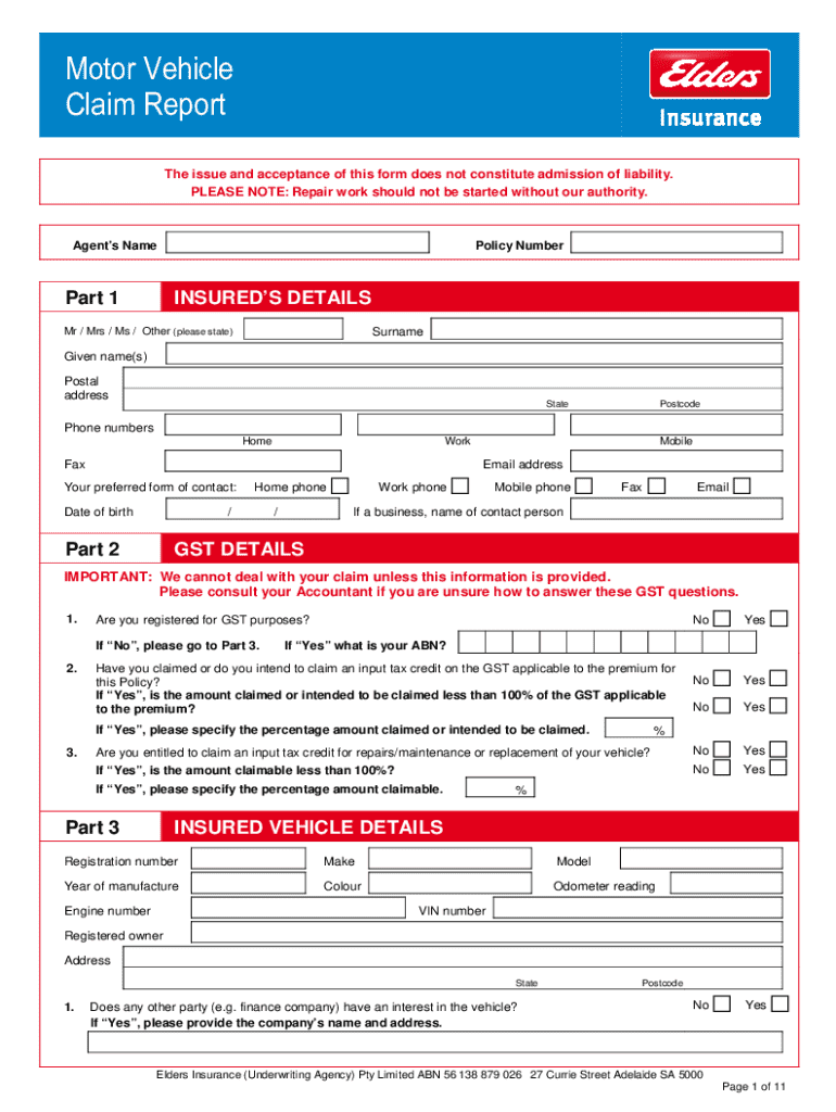 elders insurance claim form Preview on Page 1