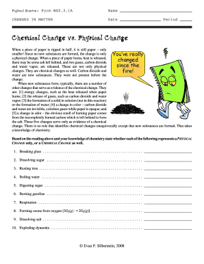 Chemical Change vs. Physical Change Worksheet
