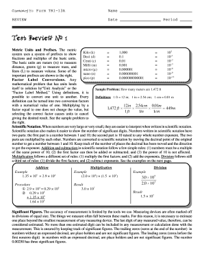 Chemistry Test Review Form