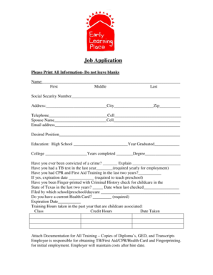 Job Application Form for Preschool Employment