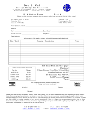 Don S. Cal Postage Stamps Order Form