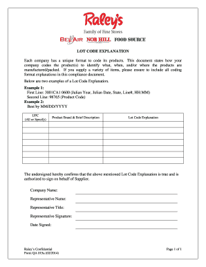 Lot Code Explanation Form