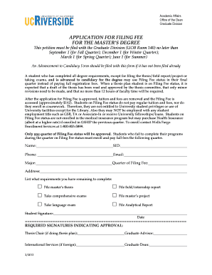 Application for Filing Fee for Master's Degree