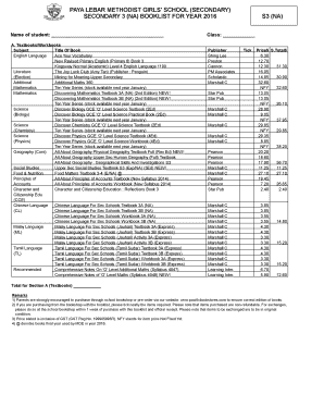 Singapore Secondary School Booklist Form