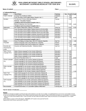 Singapore Secondary 2 Booklist and Stationery Form