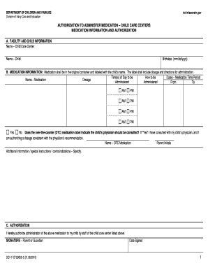 Authorization to Administer Medication - Child Care Centers