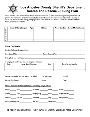 Los Angeles Hiking Plan Form
