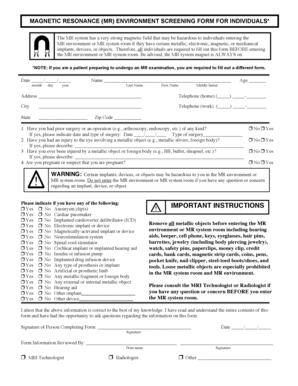 Magnetic Resonance Environment Screening Form