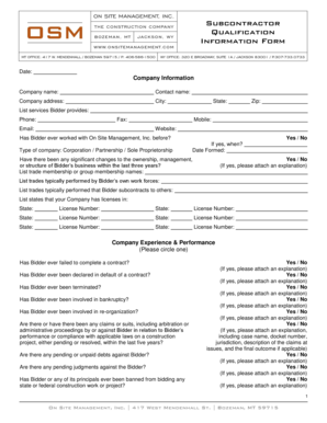 Subcontractor Qualification Information Form