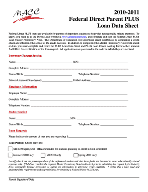 Federal Direct Parent PLUS Loan Data Sheet